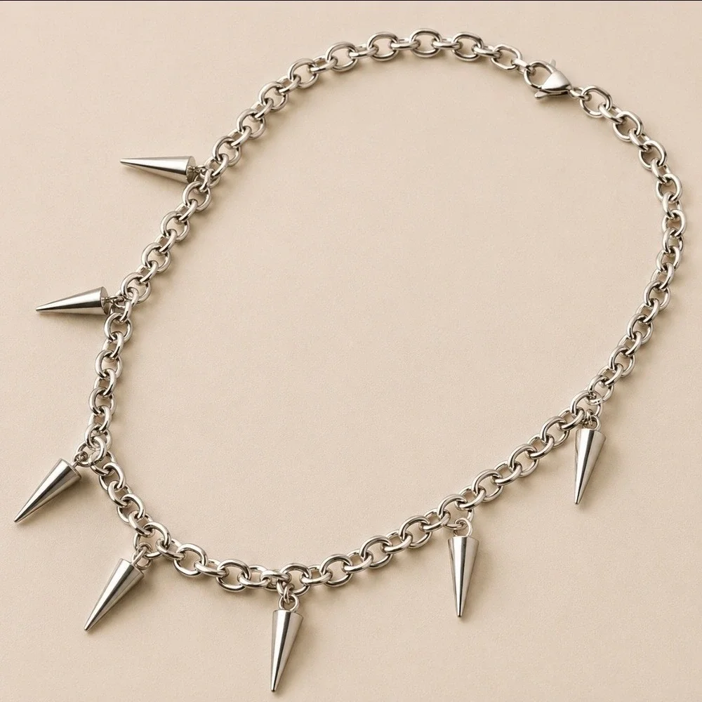 Mens Silver Tone Spike Chain Necklace Punk Goth Cable Link Streetwear Jewelry